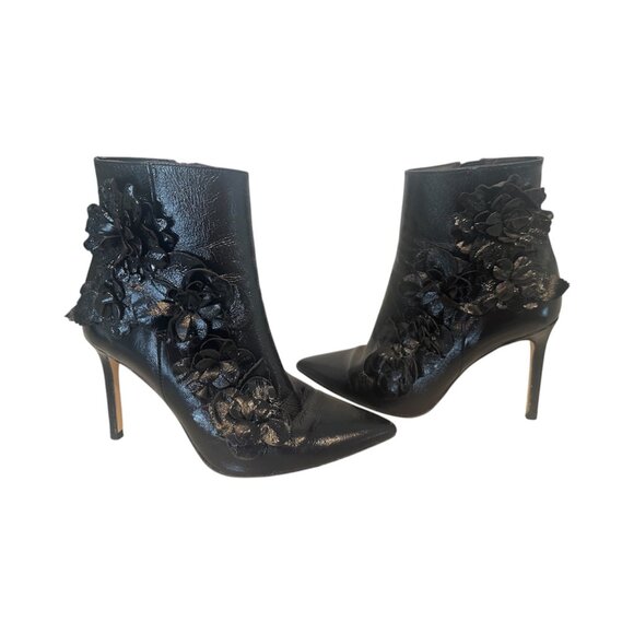 Zara Black 3D Floral Appliqué Ankle Boots Size 37 - Picture 1 of 6